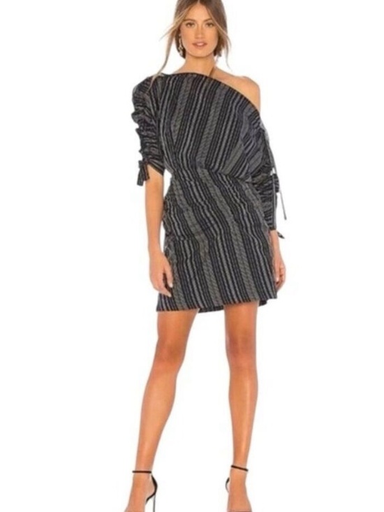 Tanya Taylor Dresses & Skirts - Tanya Taylor Sabra One-Shoulder Striped Ruched Mini Dress Navy Size 6 NWT